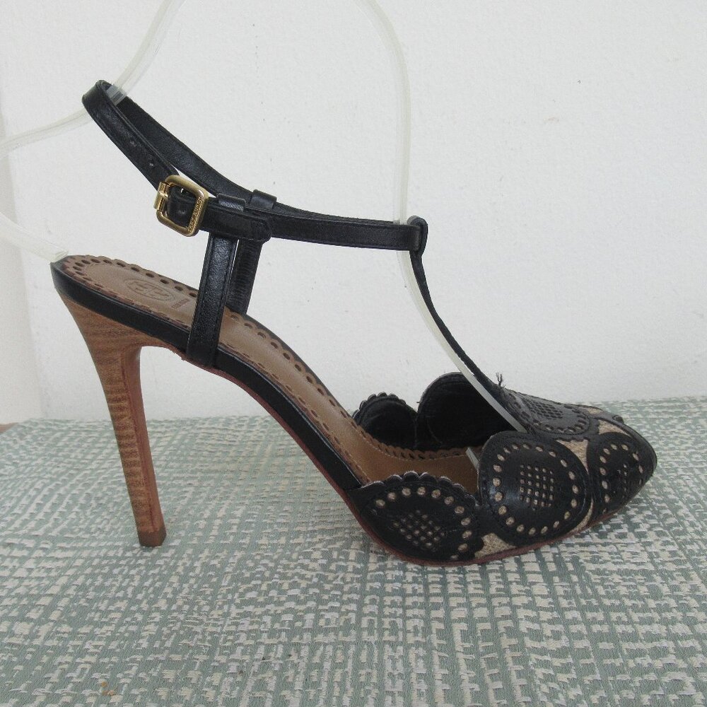 TORY BURCH, ALEXA Genuine Leather Peep Toe High Heel Sandal Black & Tan Sz. 6.5 - Picture 3 of 13